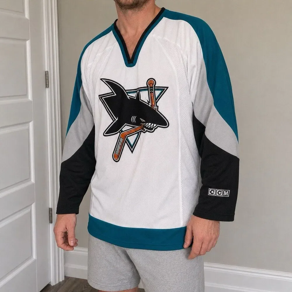 Vintage CCM San Jose Sharks NHL Hockey Jersey White Teal Black Adult L Canada